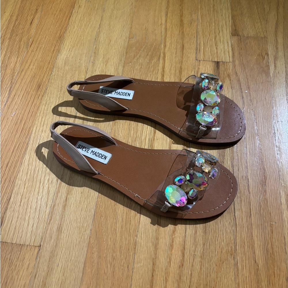 Steve Madden Tan Sandals with Iridescent Gems